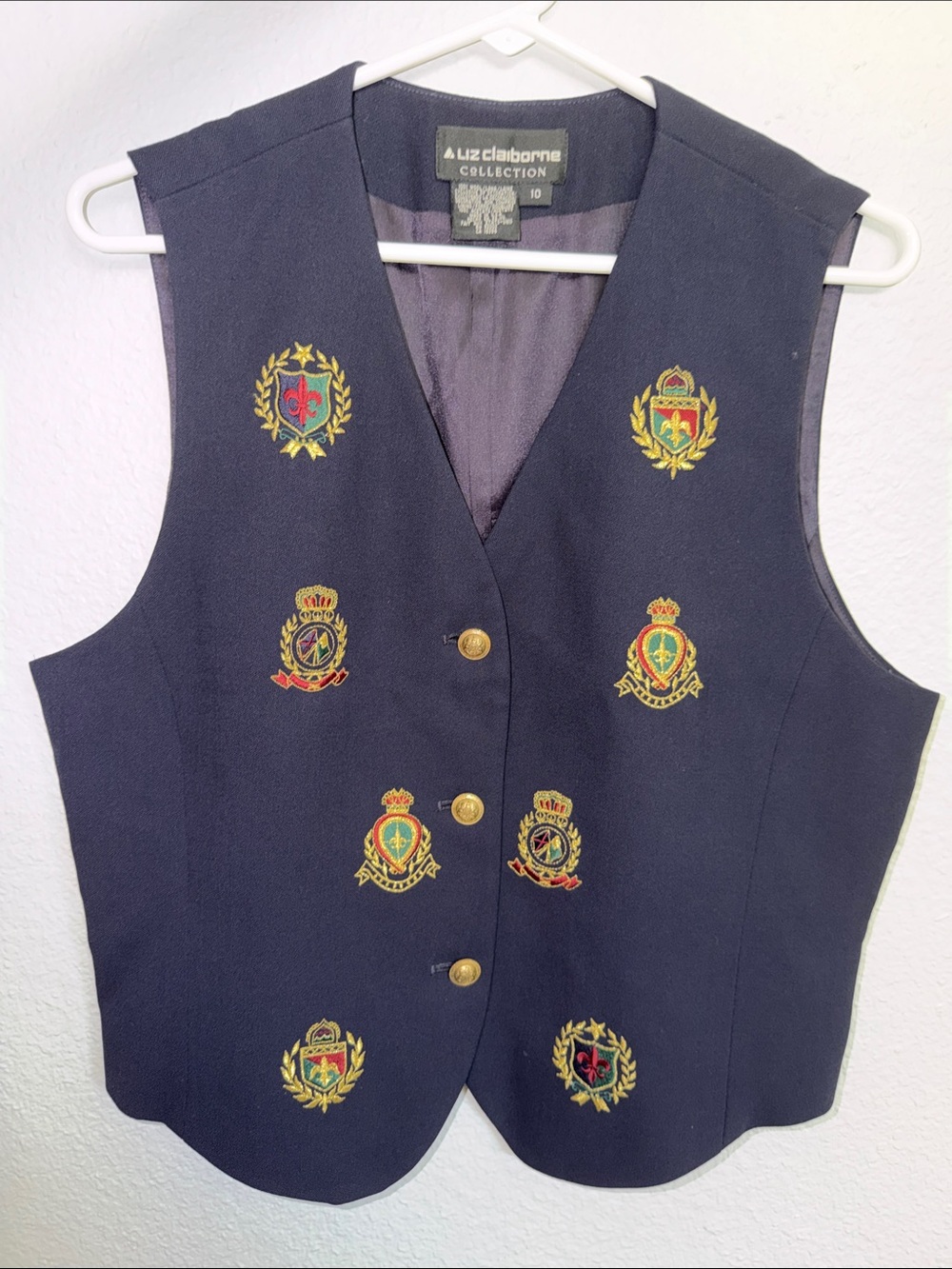 Vintage Liz Claiborne Navy Crest Embroidered Button Vest